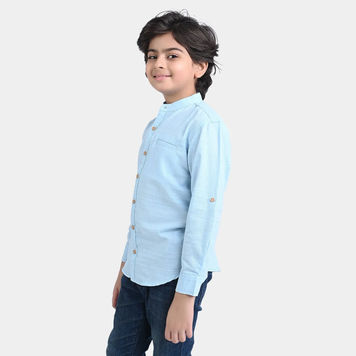 Boys Cotton Slub Casual Shirt F/S (Enjoy Summer)-L/BLUE