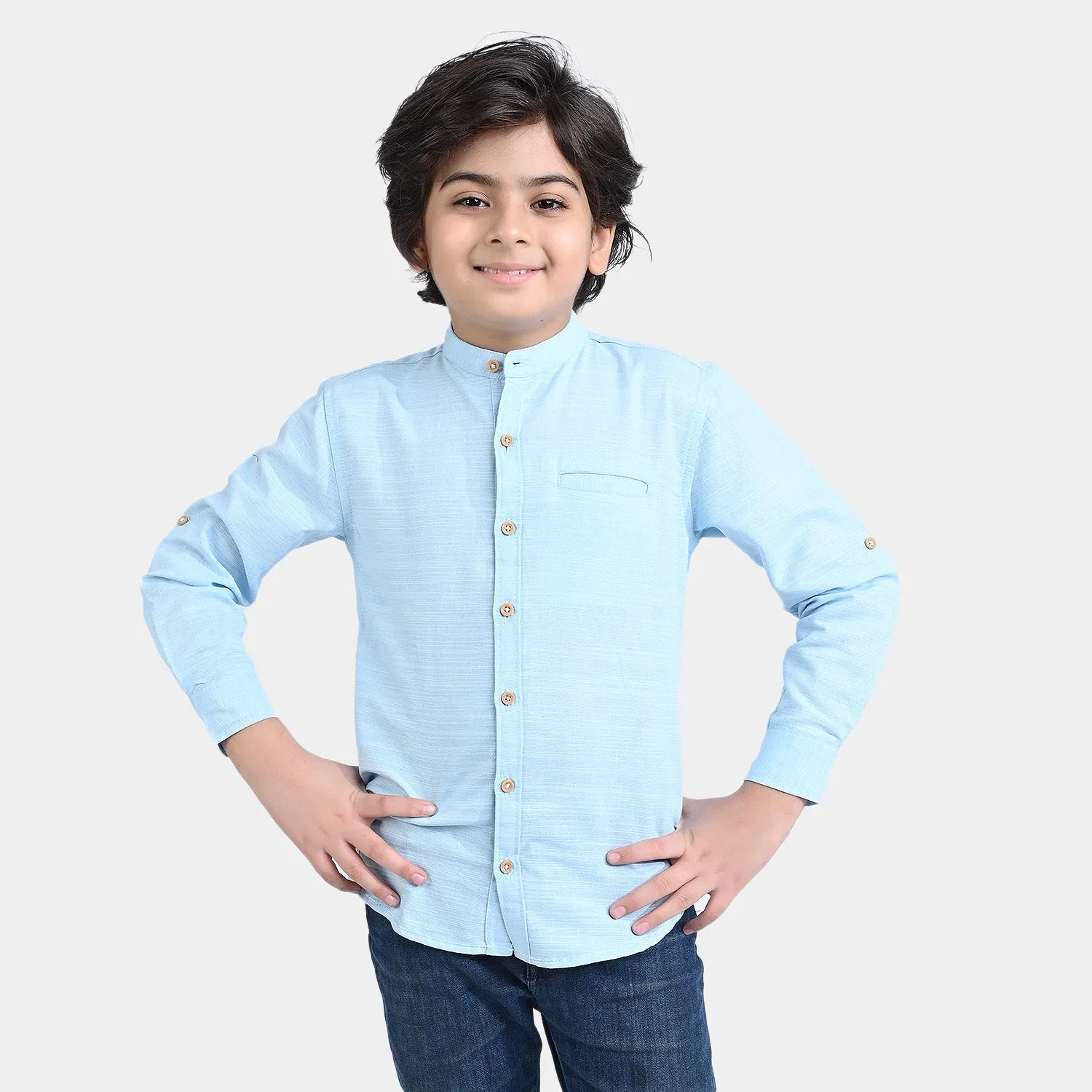 Boys Cotton Slub Casual Shirt F/S (Enjoy Summer)-L/BLUE