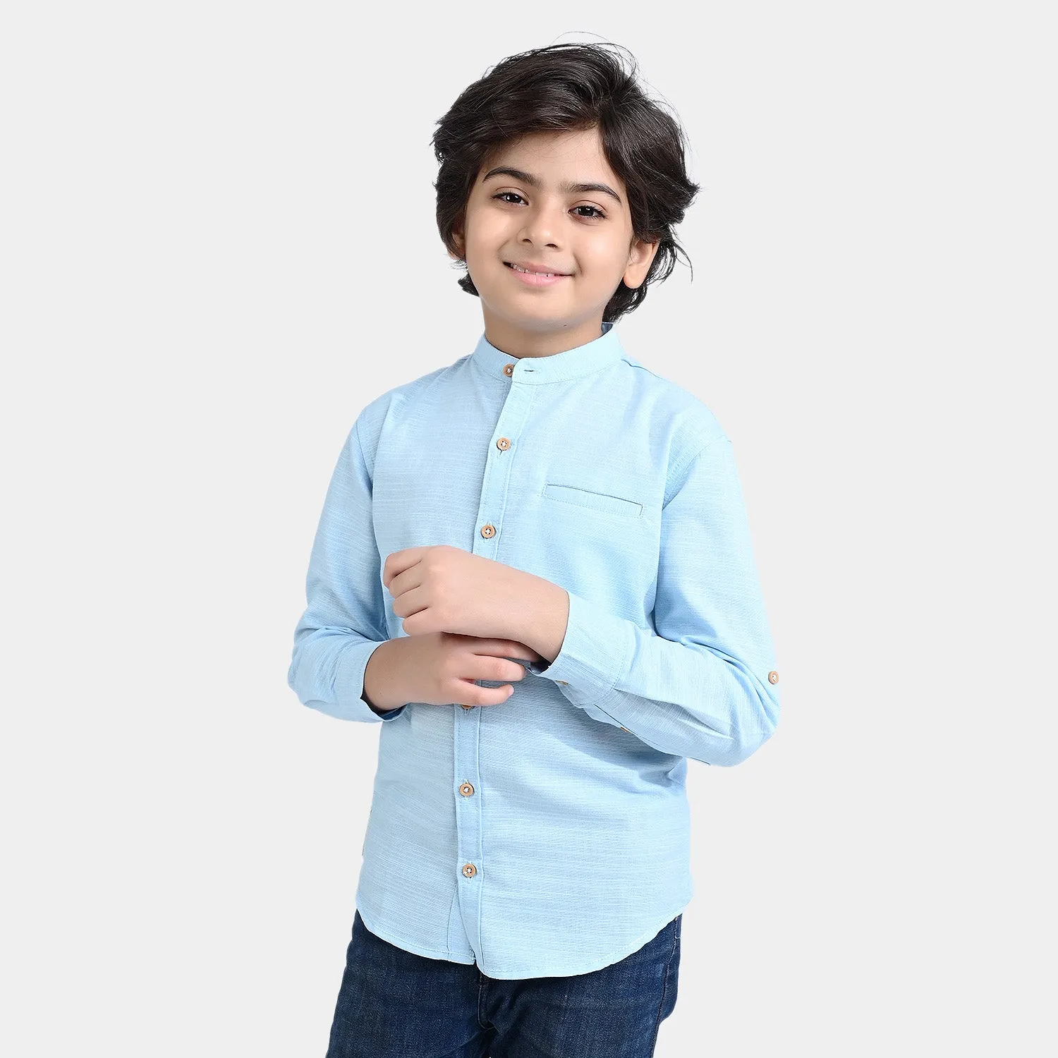 Boys Cotton Slub Casual Shirt F/S (Enjoy Summer)-L/BLUE