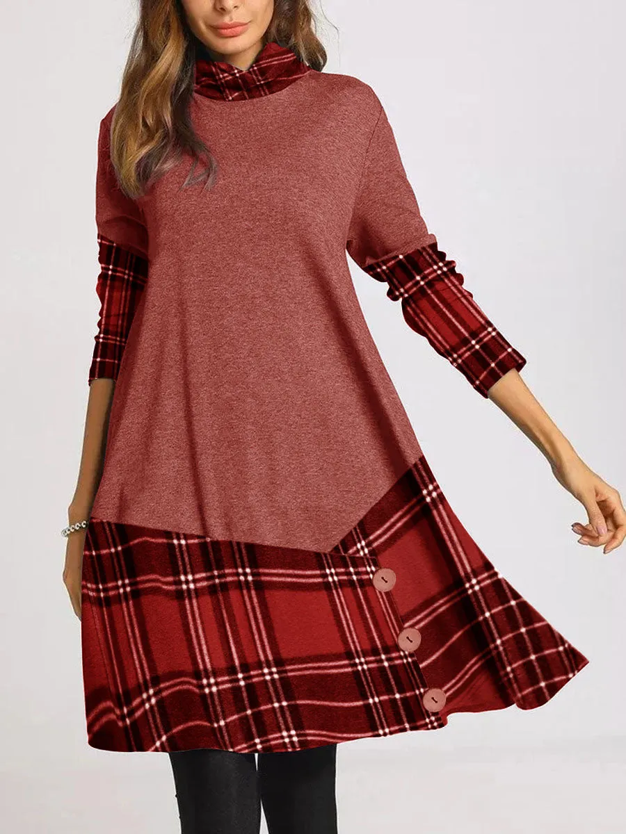 Check Button Fashion Casual Long Sleeve Dress