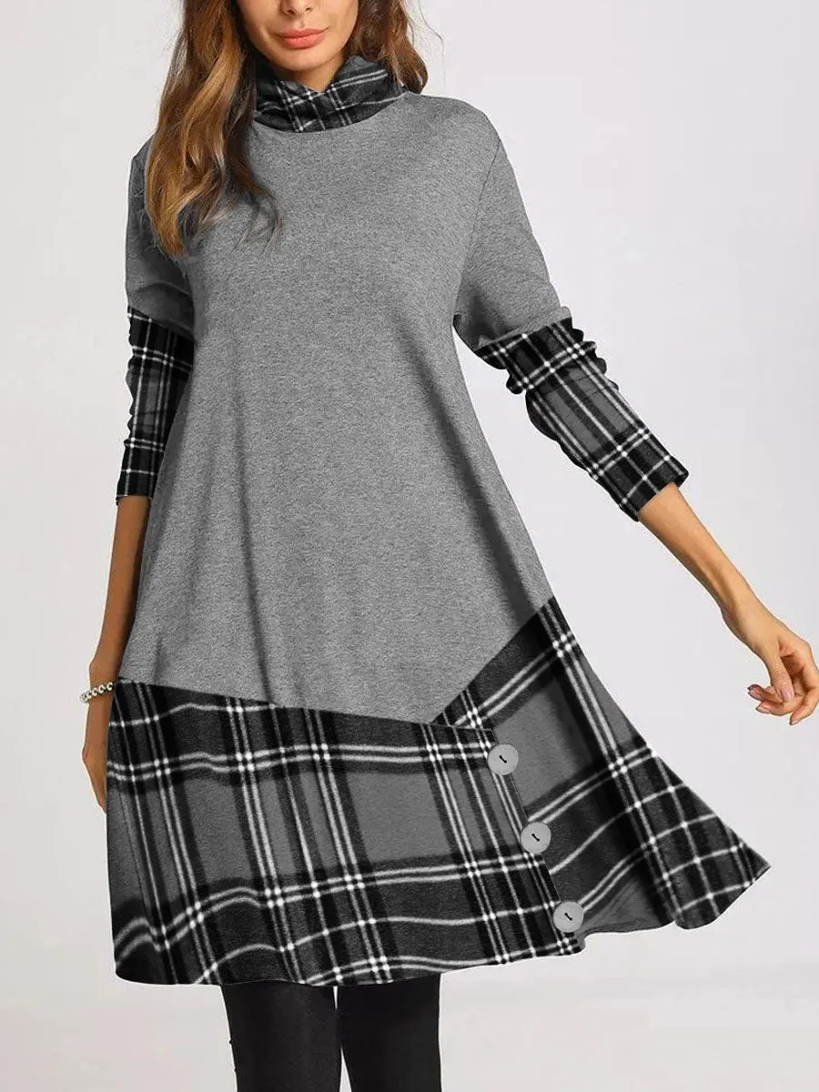 Check Button Fashion Casual Long Sleeve Dress