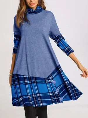 Check Button Fashion Casual Long Sleeve Dress