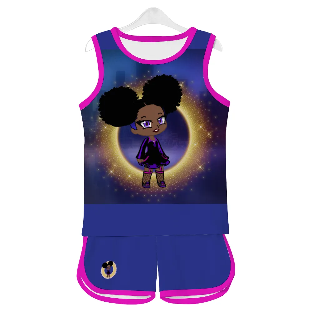 Fro-Puff Tank Top with Short Basketball Girl's 2 Piece Outfit Set