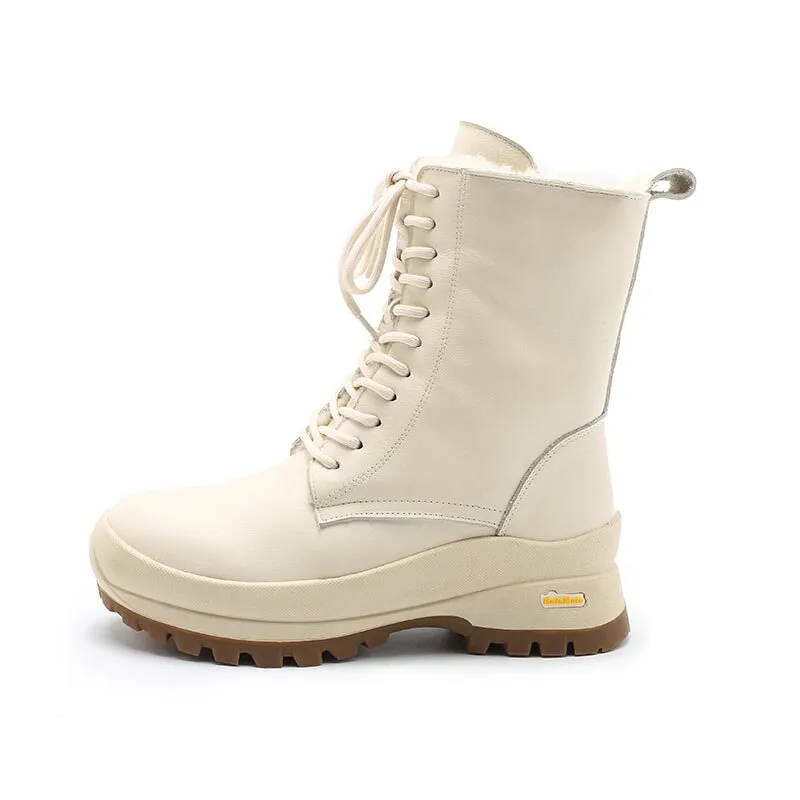 Leather Combat Boots Designer Chunky Riding Boots Have Shearling Lined in Apricot/Black/Brown/White