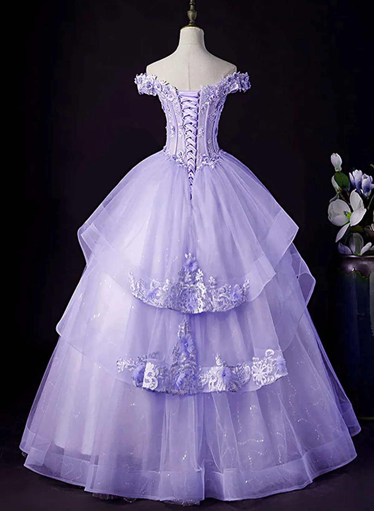 Solvbao Light Purple Tulle with Lace Off Shoulder Sweet 16 Dress, Light Purple Formal Dress