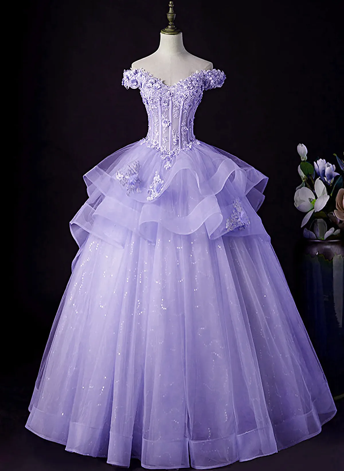 Solvbao Light Purple Tulle with Lace Off Shoulder Sweet 16 Dress, Light Purple Formal Dress