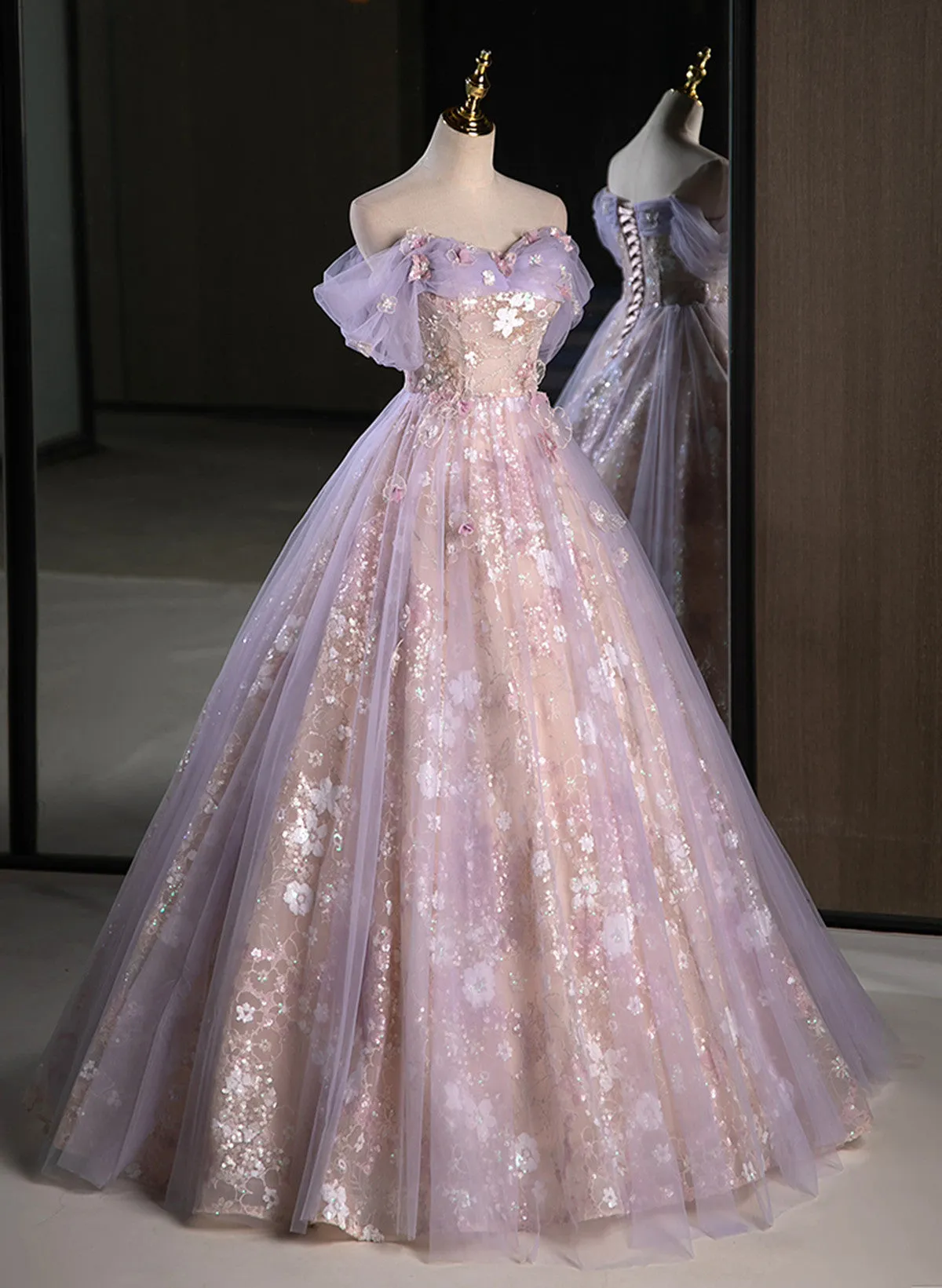 Solvbao Lovely Light Purple Floral Tulle Off Shoulder Party Dress, Light Purple Tulle Prom Dress