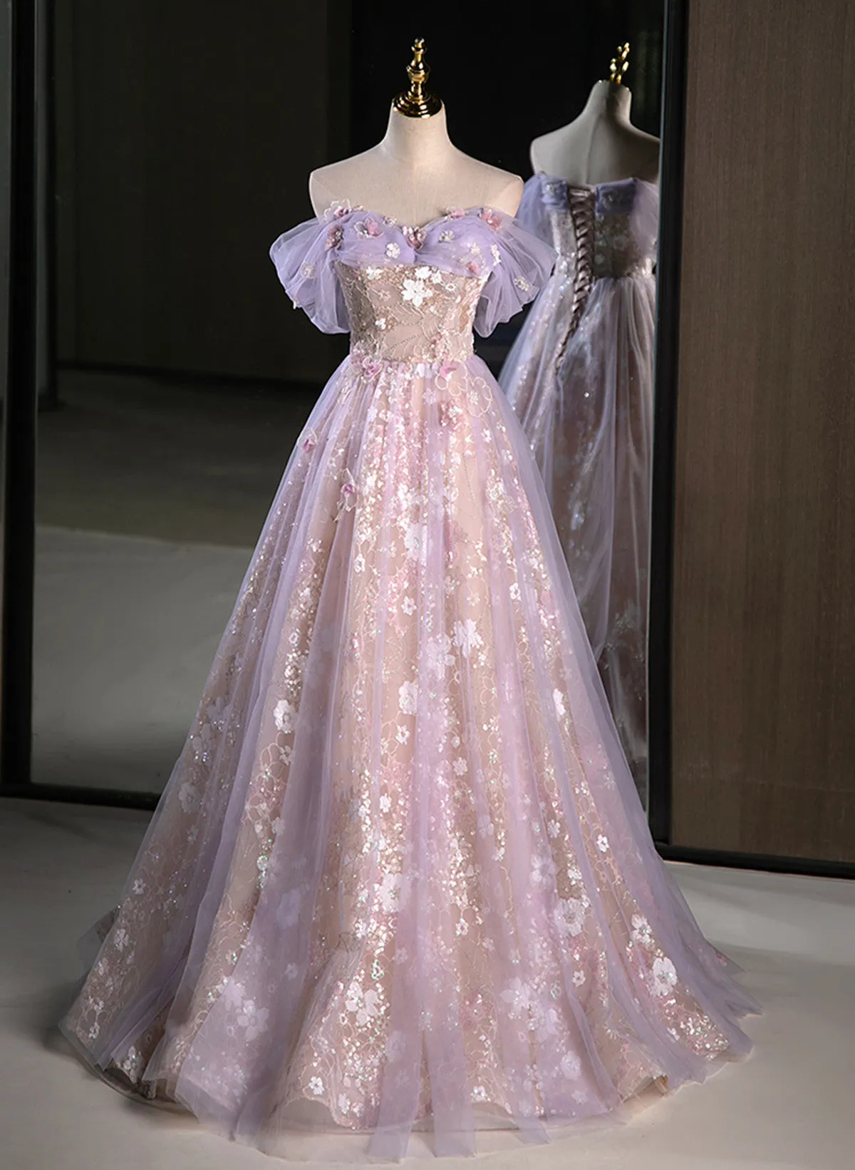 Solvbao Lovely Light Purple Floral Tulle Off Shoulder Party Dress, Light Purple Tulle Prom Dress