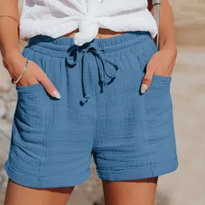 Summer Cotton Linen Shorts Women's Drawstring High Waist Short Pants With Pockets Sports Casual Basic Cortos Pantalones