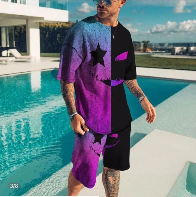 Trendy 3d Digital Printing Short Sleeve Men's Suit