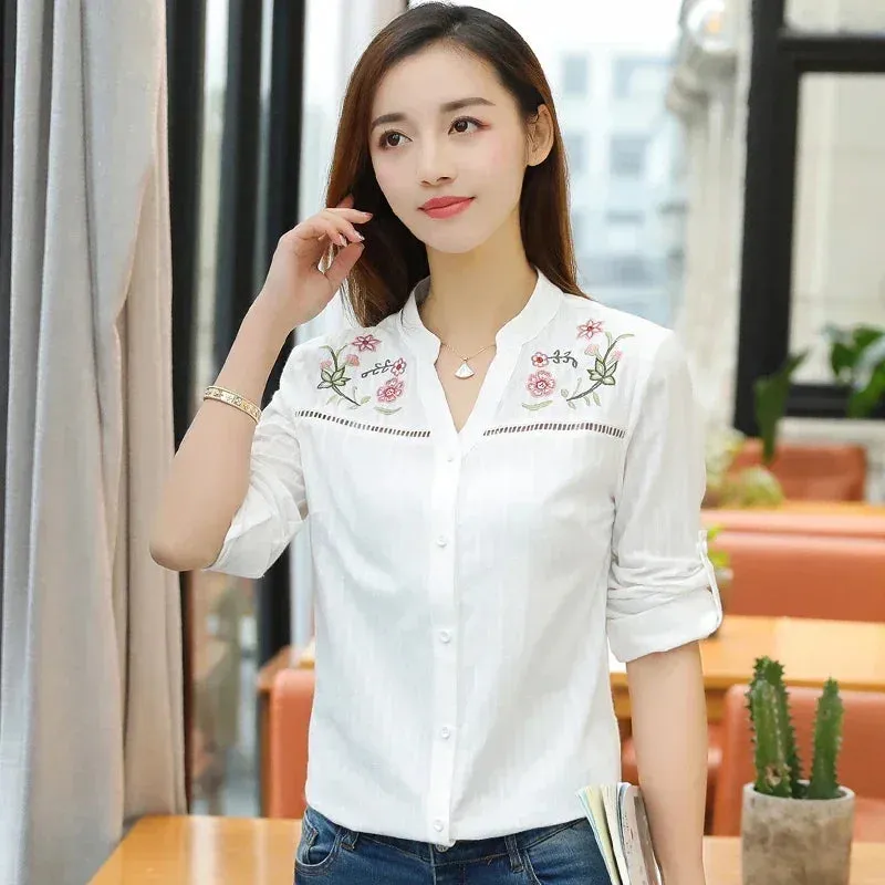 White Embroidered Casual Lady Summer Fashionable Long Sleeve Elegant Office Top