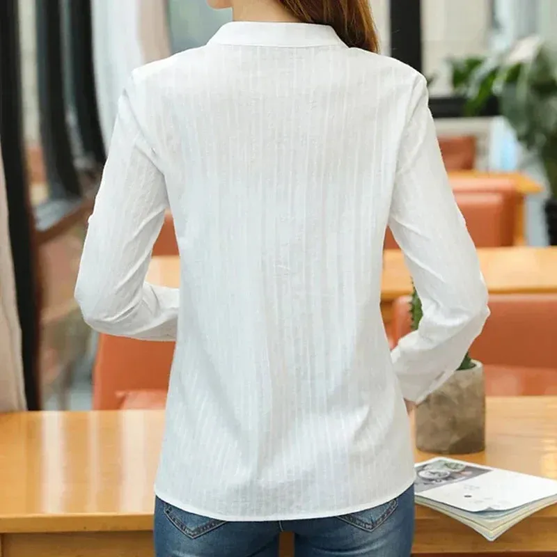 White Embroidered Casual Lady Summer Fashionable Long Sleeve Elegant Office Top