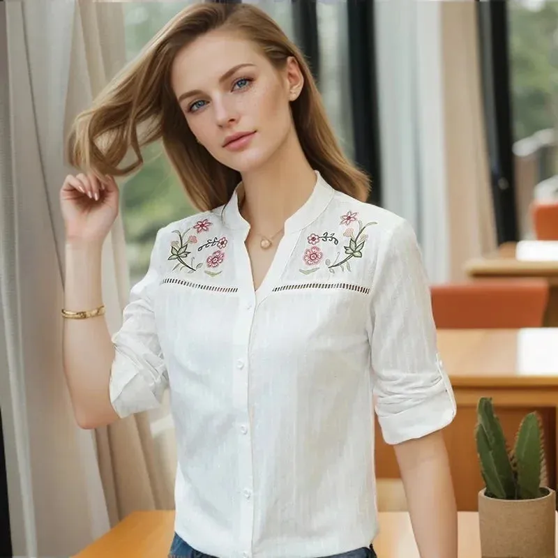 White Embroidered Casual Lady Summer Fashionable Long Sleeve Elegant Office Top