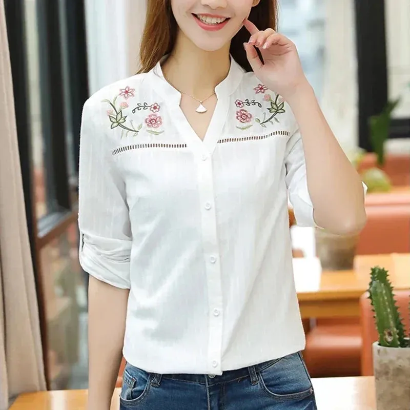 White Embroidered Casual Lady Summer Fashionable Long Sleeve Elegant Office Top