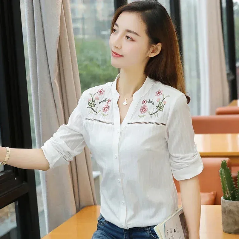 White Embroidered Casual Lady Summer Fashionable Long Sleeve Elegant Office Top